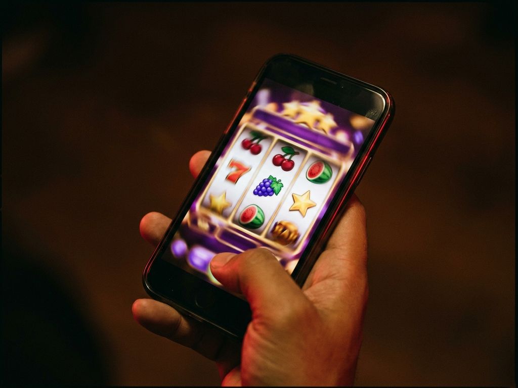 Smartphone displaying casino slots on dark surface