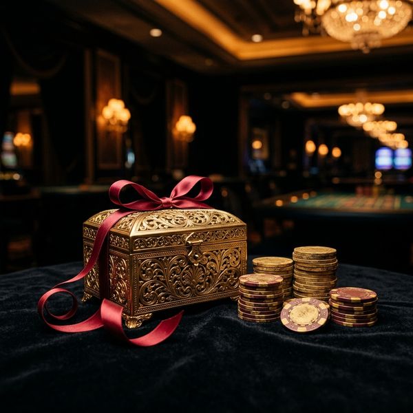 Golden welcome gift box on casino velvet
